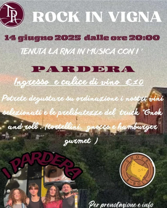 Rock in Vigna 🤟🎤🎸🌿

Vi aspettiamo il 14 giugno dalle ore 20 
per una serata speciale con CONCERTO LIVE dei PARDERA

nel bellissimo contesto di Tenuta la Riva ( Castello di Serravalle , via Farnè 430 )
tra vigneti e colline
sotto le stelle ✨

Portate con voi plaid e cuscini per mettervi comodi, noi penseremo a deliziarvi con i nostri vini 🍷🍷🍷🍾🍾🍾 e con le prelibatezze del truck “GNOCK & ROLL”
con una gran selezione di gnocchi, hamburger 🍔 gourmet e tortellini

Ingresso e un calice di vino € 10
Per info e prenotazioni 335 7857335 (Michela)

@i_pardera 

@gnockandroll 

#tenutalariva #rockinvigna #liveconcert #concerto #musicaallaperto #collibolognesi